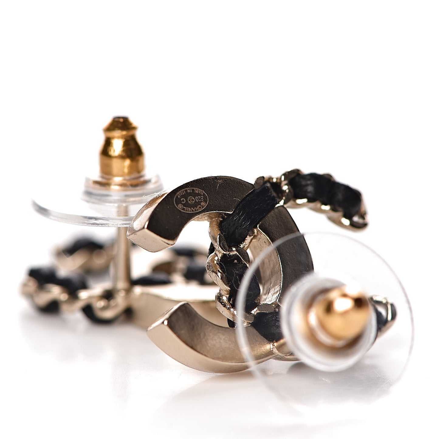Crystal Baguette Lambskin Chain CC Vintage Allure Stud Earrings Black Gold