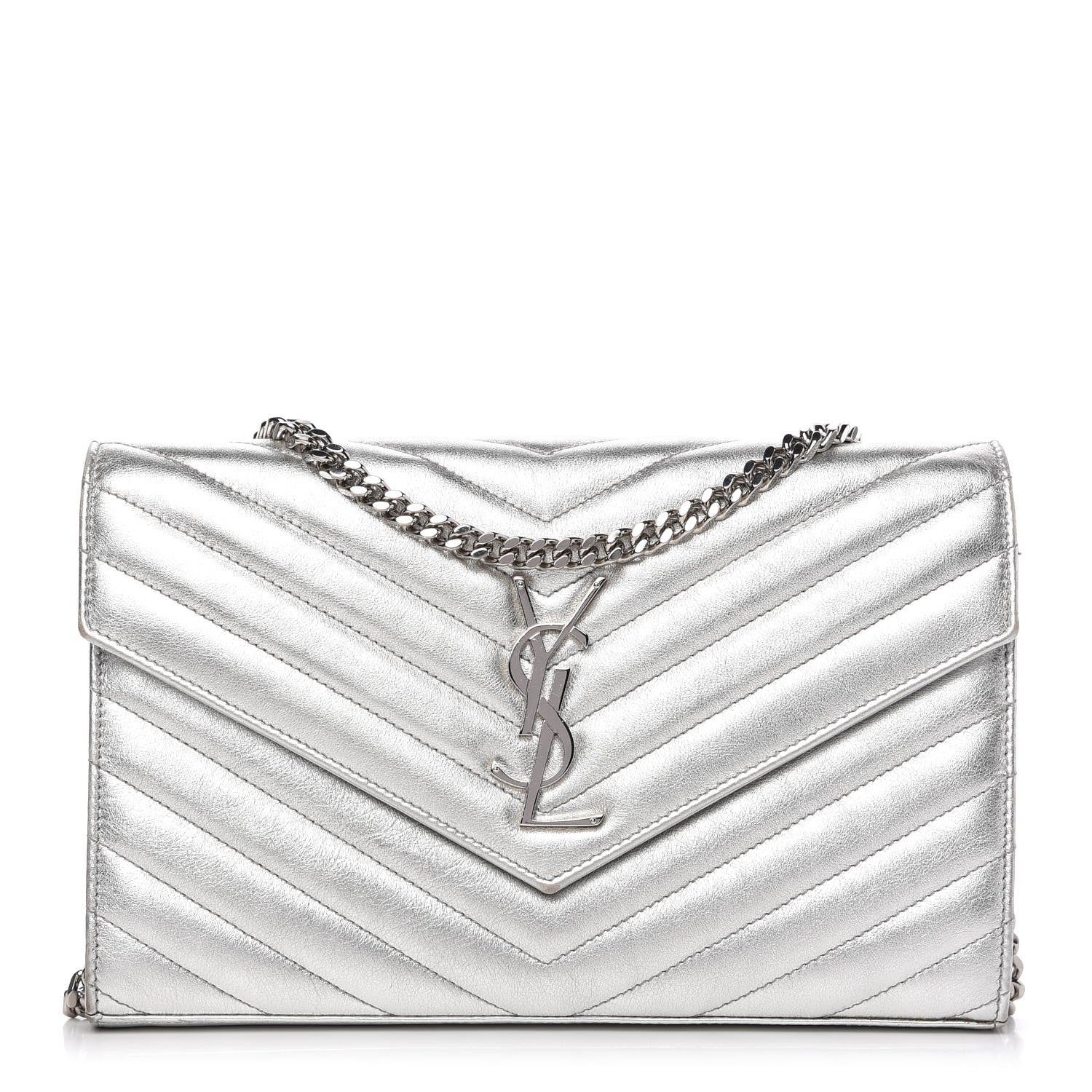 Saint Laurent Metallic Grain De Poudre Matelasse Chevron Monogram Chain Wallet Silver 1 of 11