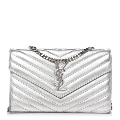 Saint Laurent Metallic Grain De Poudre Matelasse Chevron Monogram Chain Wallet Silver 1 of 11