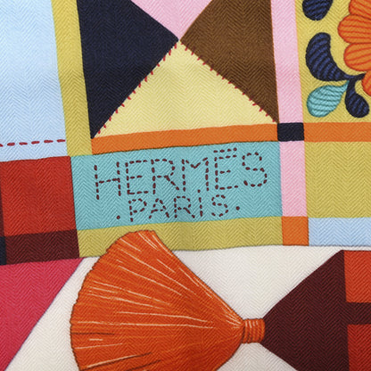 Hermes Cashmere Silk L'Art du Bojagi Shawl 140 Blanc Turquoise Orange 4 of 6