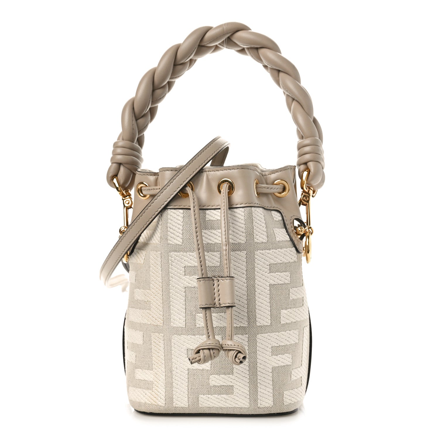 Fendi Canvas Nappa F is Fendi FF Embroidered Mini Mon Tresor Bucket Bag Grezzo White Nuvola 1 of 8