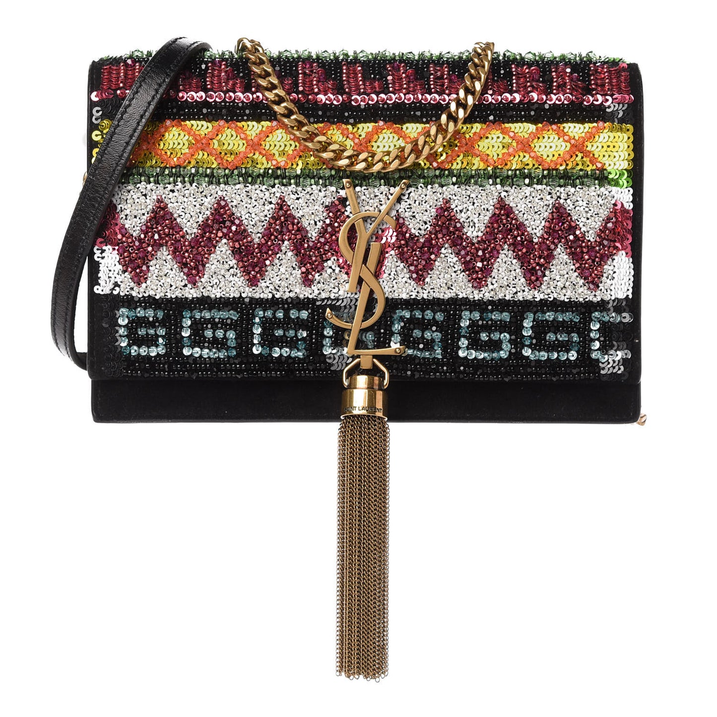 Suede Sequin Bead Embellished Classic Monogram Kate Tassel Chain Wallet Black Multicolor