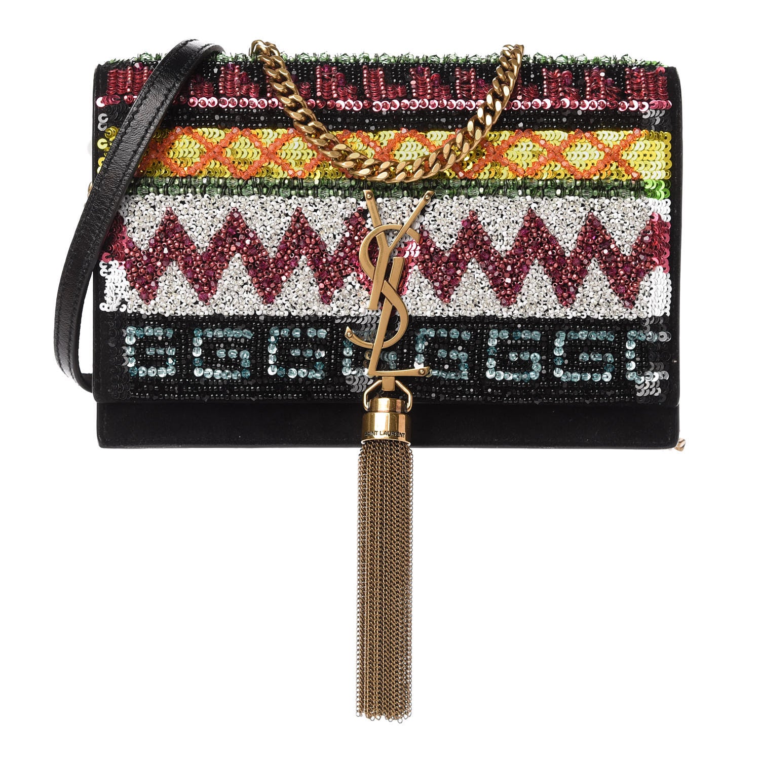 Saint Laurent Suede Sequin Bead Embellished Classic Monogram Kate Tassel Chain Wallet Black Multicolor 1 of 9
