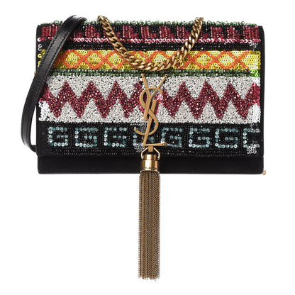 Saint Laurent Suede Sequin Bead Embellished Classic Monogram Kate Tassel Chain Wallet Black Multicolor 1 of 9