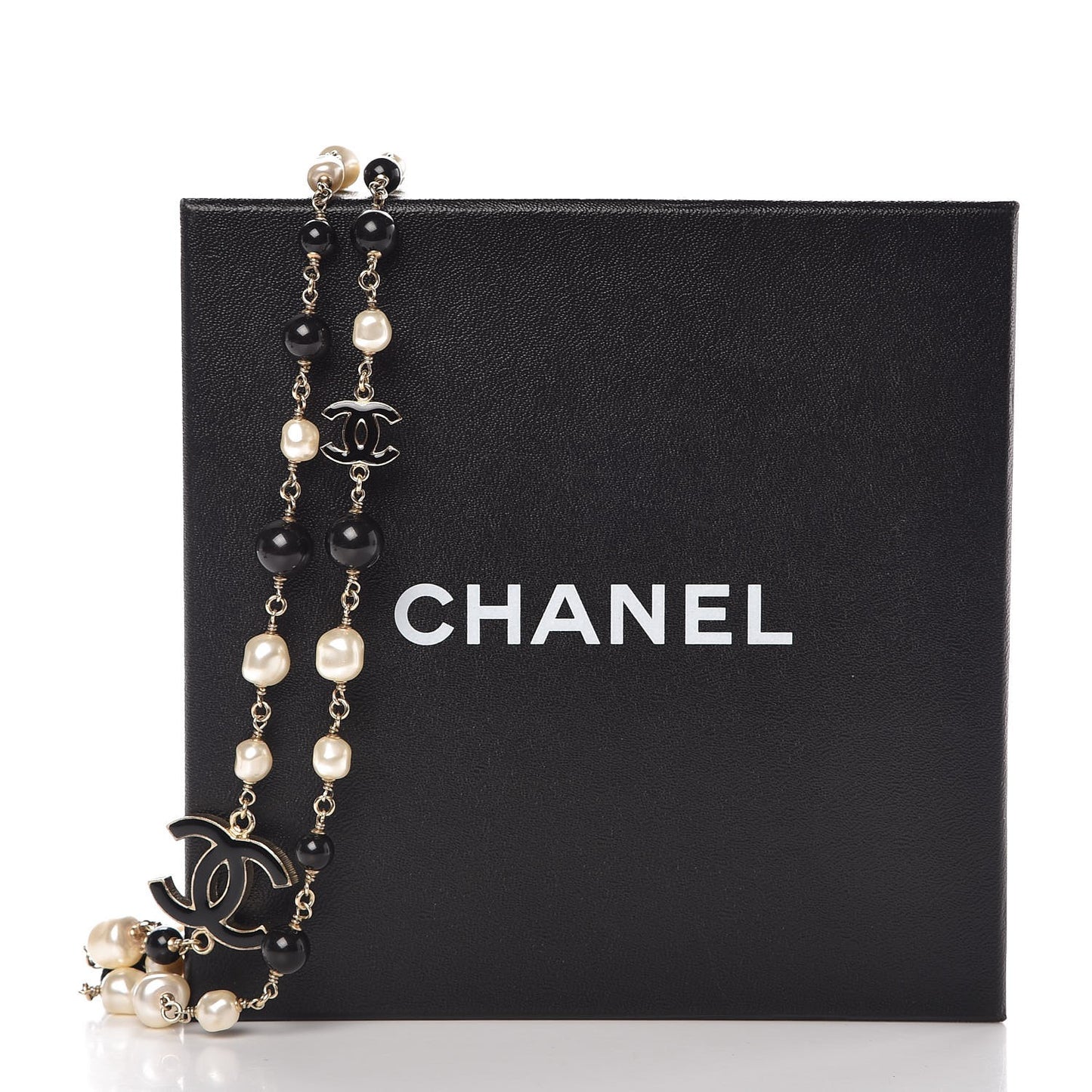 Baroque Pearl Bead Enamel CC Long Necklace Black Silver