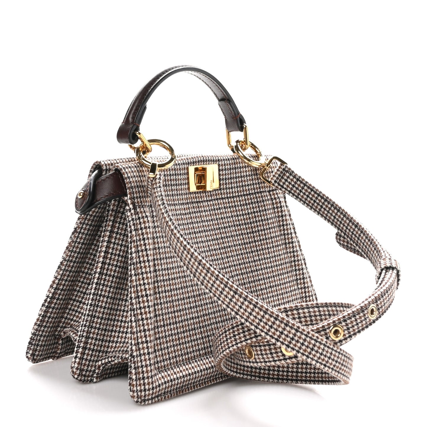 Wool Fabric Jacquard Cuoio Small Houndstooth FF 1974 Petite Peekaboo I SEE U Satchel Grigio Anthracite