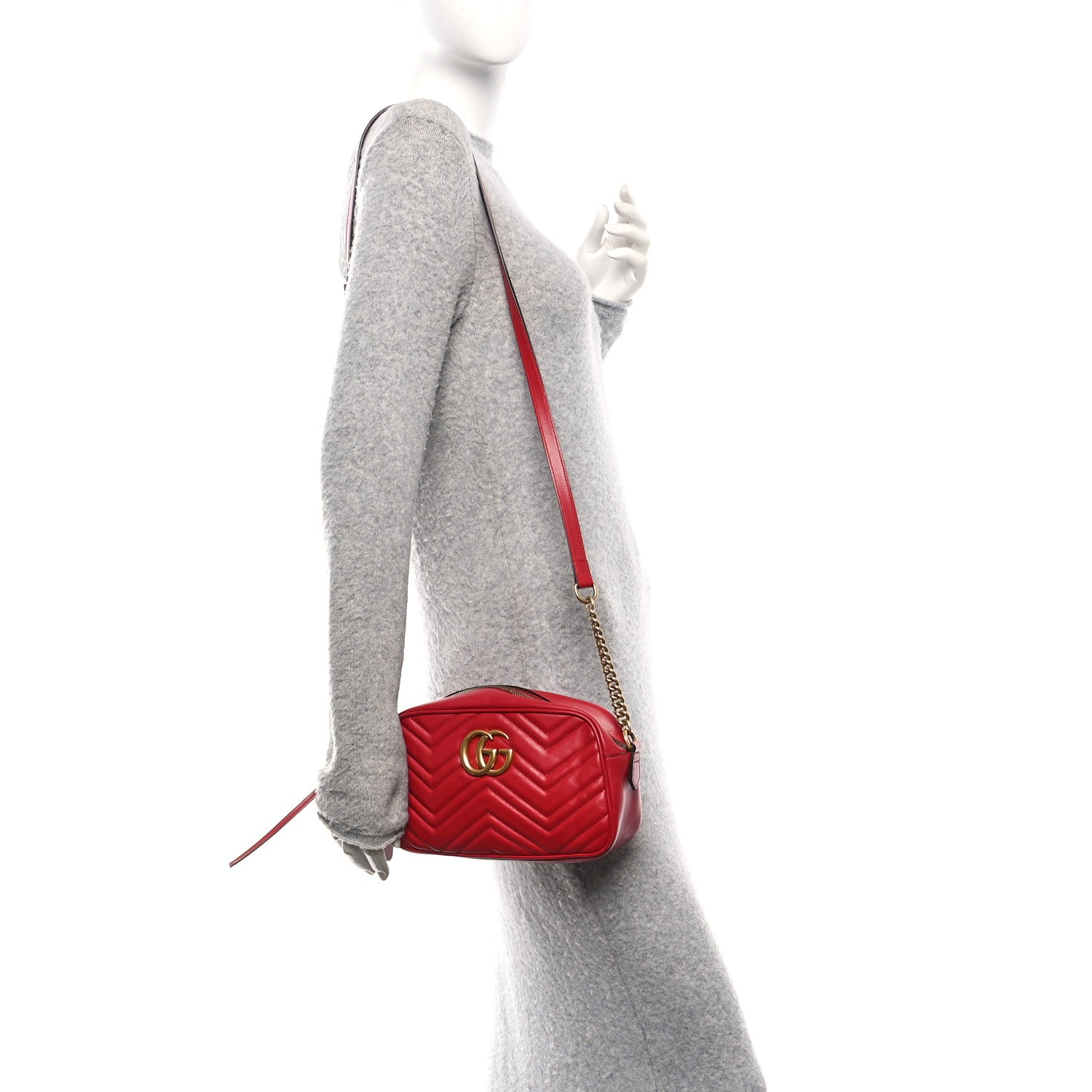 Gucci Calfskin Matelasse Small GG Marmont Chain Shoulder Bag Hibiscus Red 2 of 12