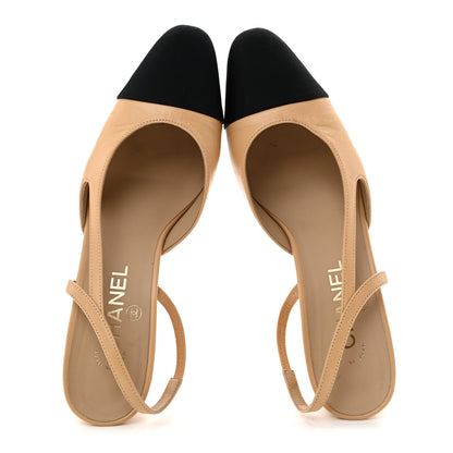 Chanel Goatskin Grosgrain Cap Toe CC Slingback Pumps 39 Beige Black 2 of 11