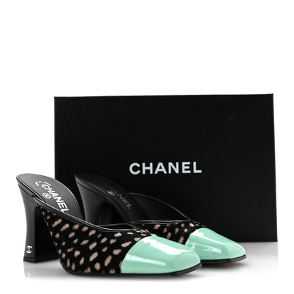 Chanel Pony Hair Lambskin Patent Calfskin Cap Toe Mules 38.5 Black White Green 10 of 10