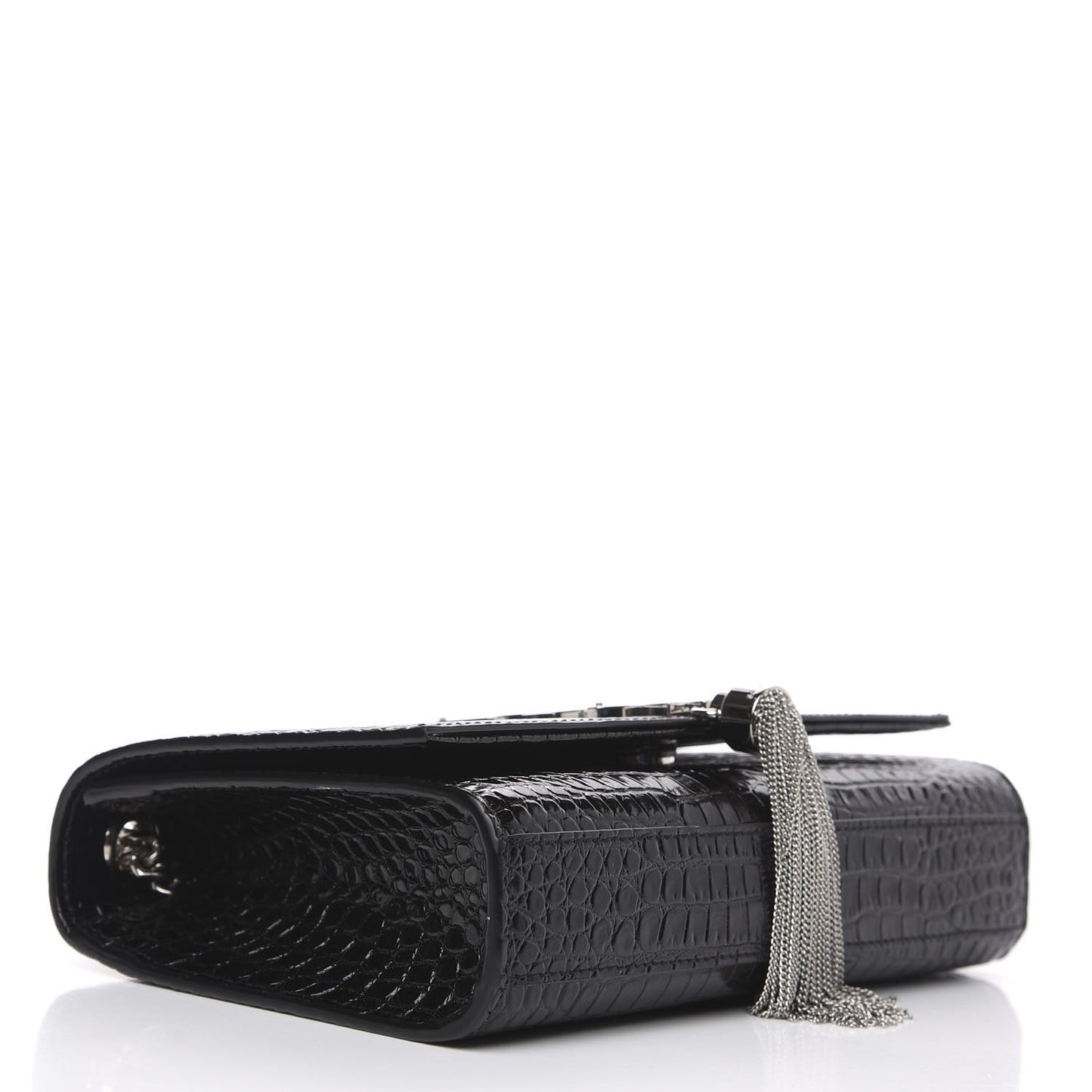 Calfskin Crocodile Embossed Small Classic Monogram Kate Tassel Satchel Black