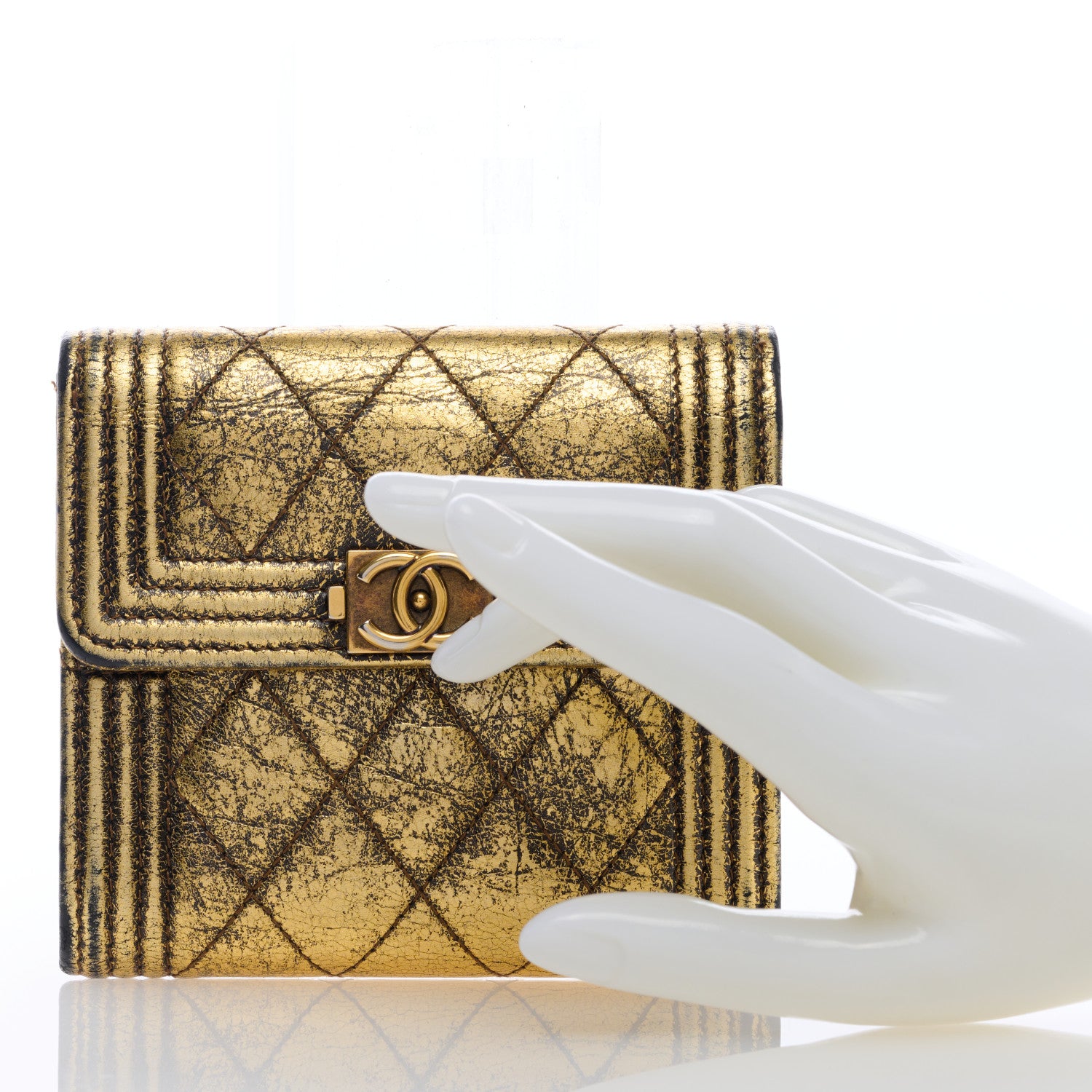 Chanel Cracked Metallic Calfskin Quilted Compact Boy Wallet Gold 2 of 7