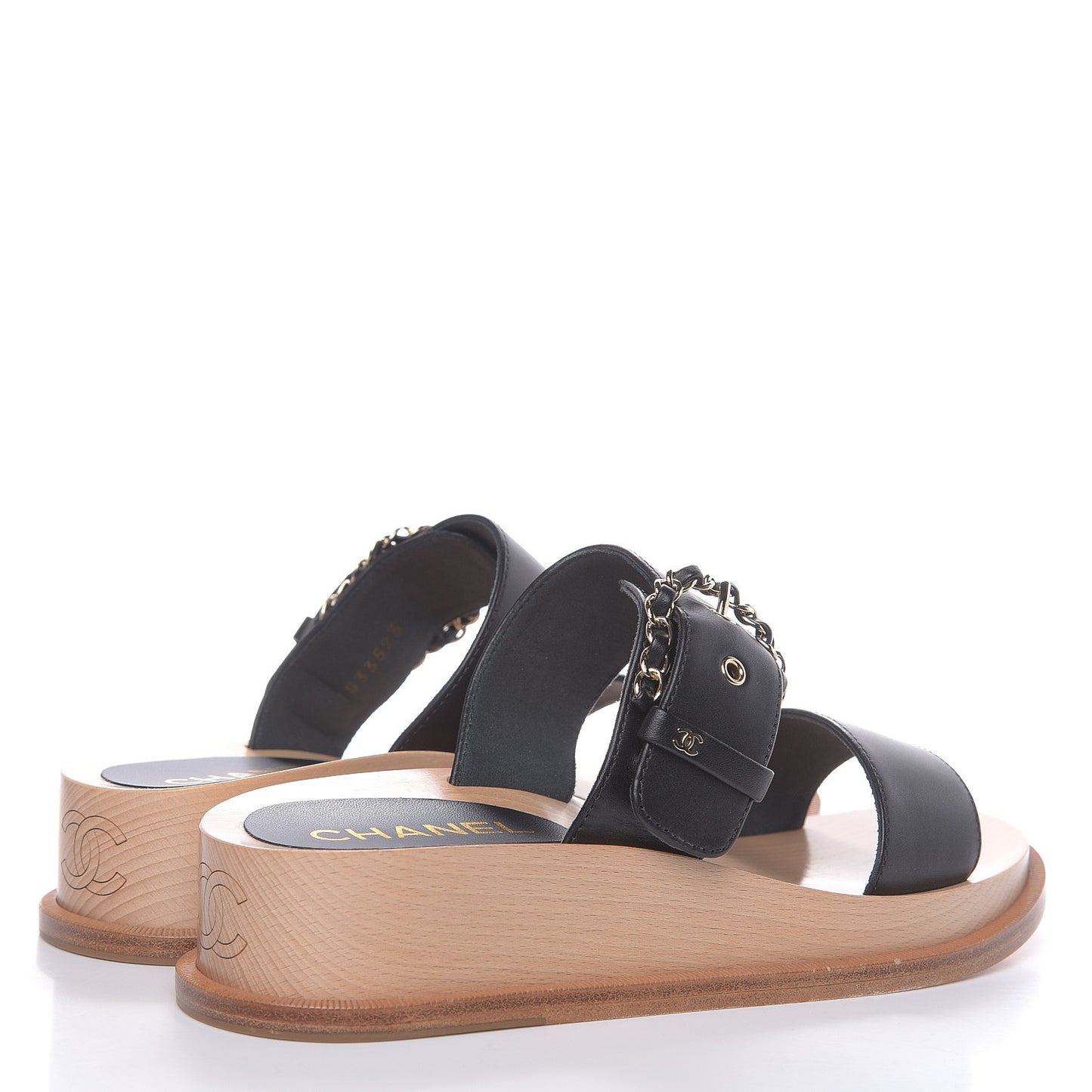 Calfskin Wood Buckle Sandals 37 Black