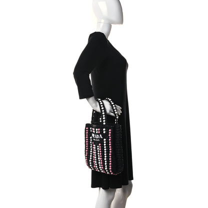 Prada Raffia Wood Bead Embroidered Logo Tote Bag Black 2 of 10
