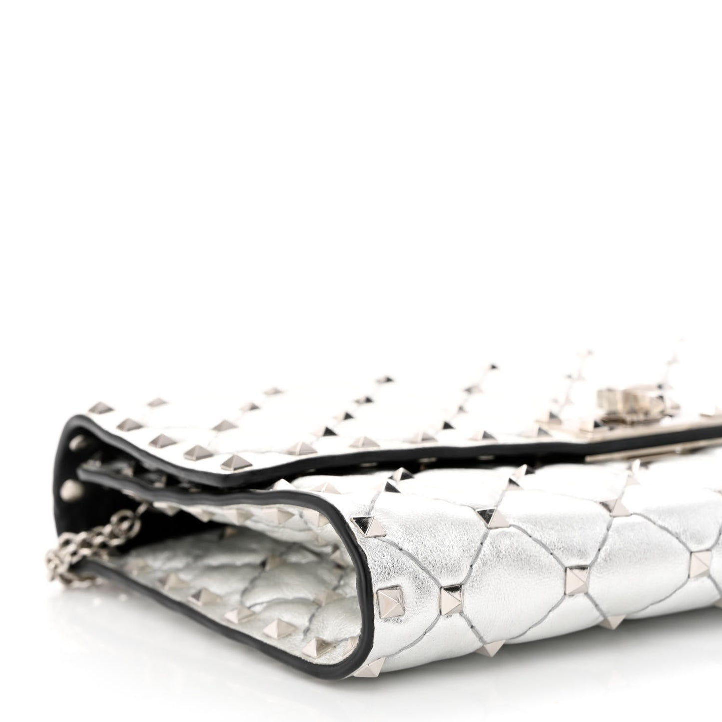 Metallic Lambskin Rockstud Spike Wallet on Chain Silver