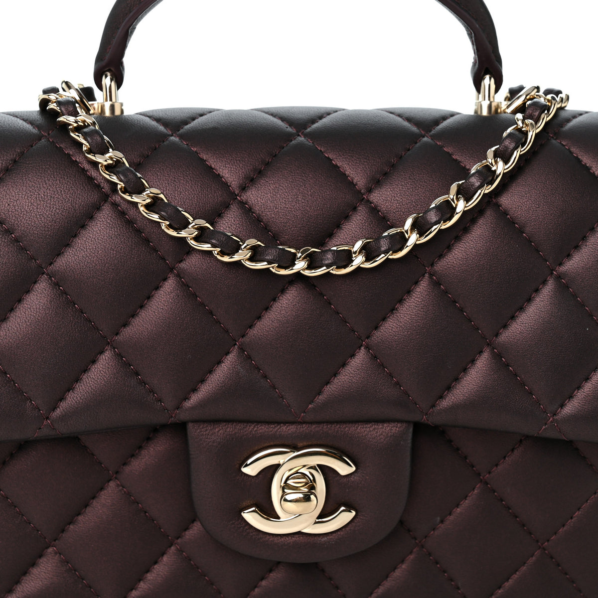 Iridescent Lambskin Quilted Mini Top Handle Rectangular Flap Burgundy