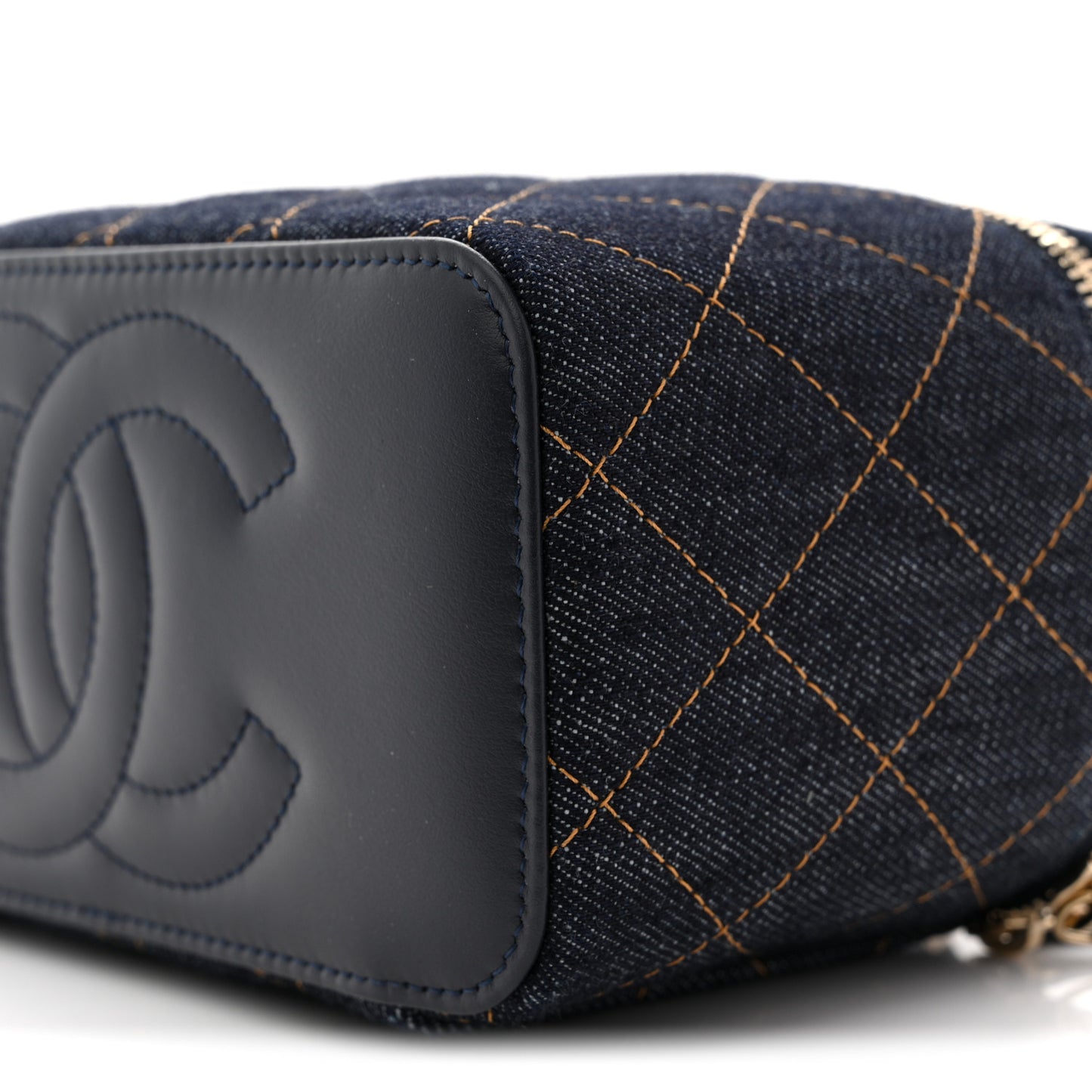 Denim Quilted Vanity Case With Chain Dark Blue
