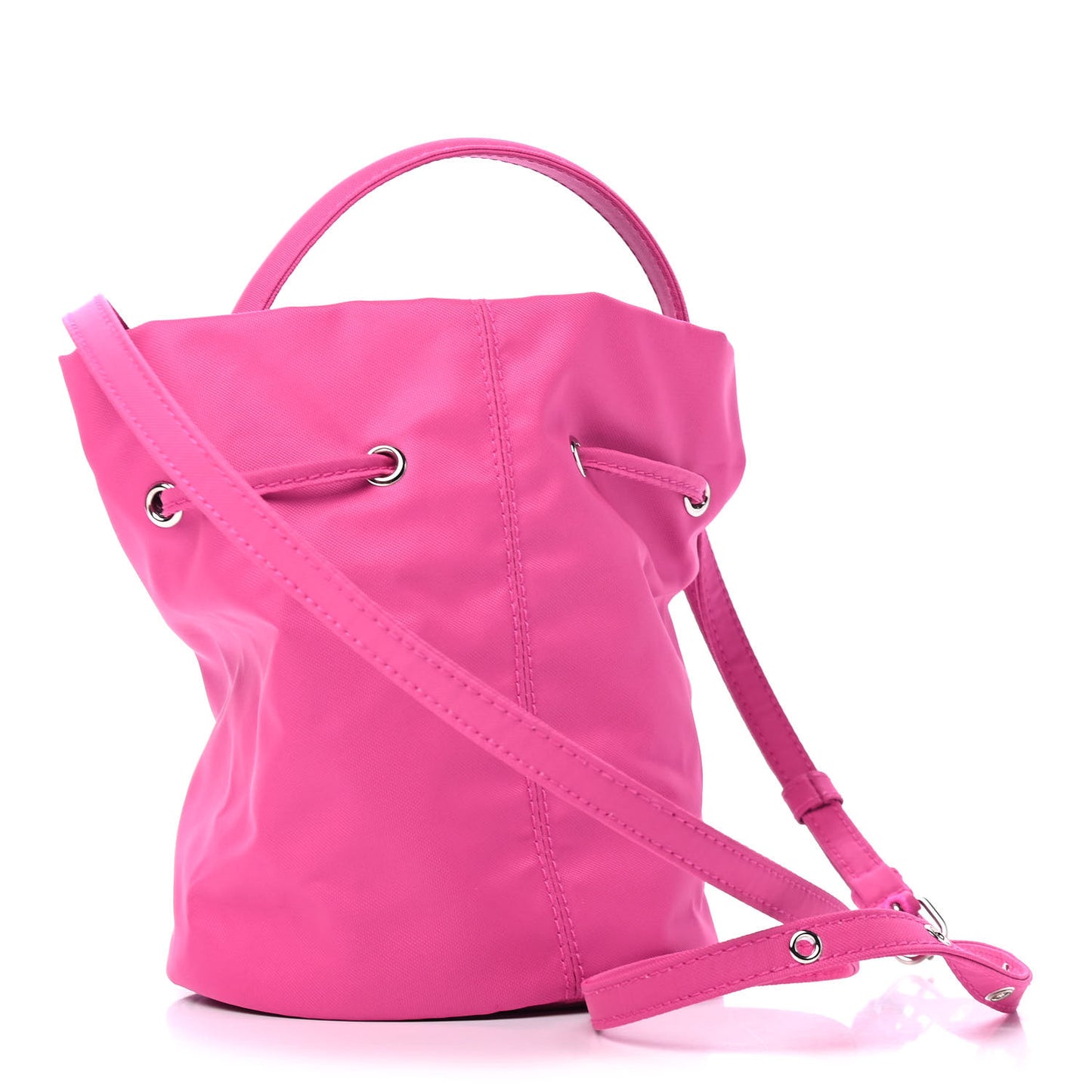 Recycled Sport Nylon Logo Embroidered Wheel Drawstring Bucket Bag Fluo Pink Black