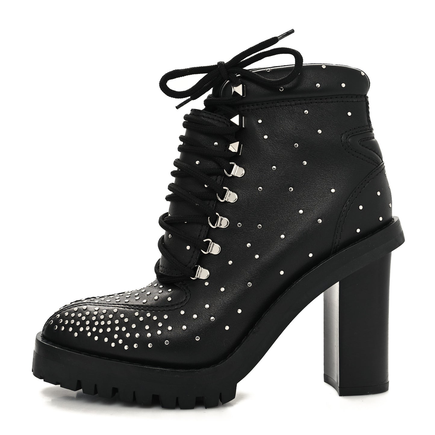 Calfskin Studded Lace-Up Ankle Boots 38.5 Black