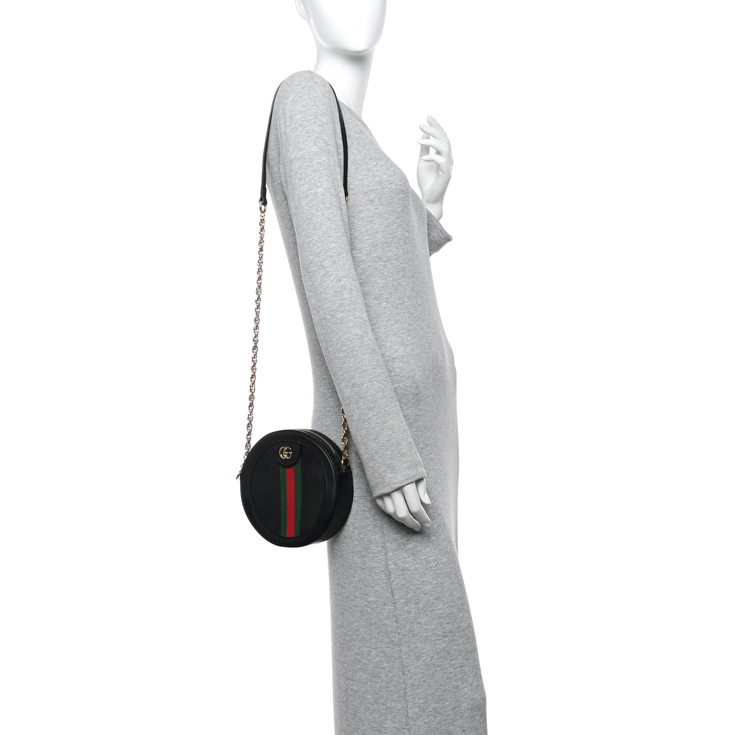 Grained Calfskin Web Mini Ophidia Round Shoulder Bag Black
