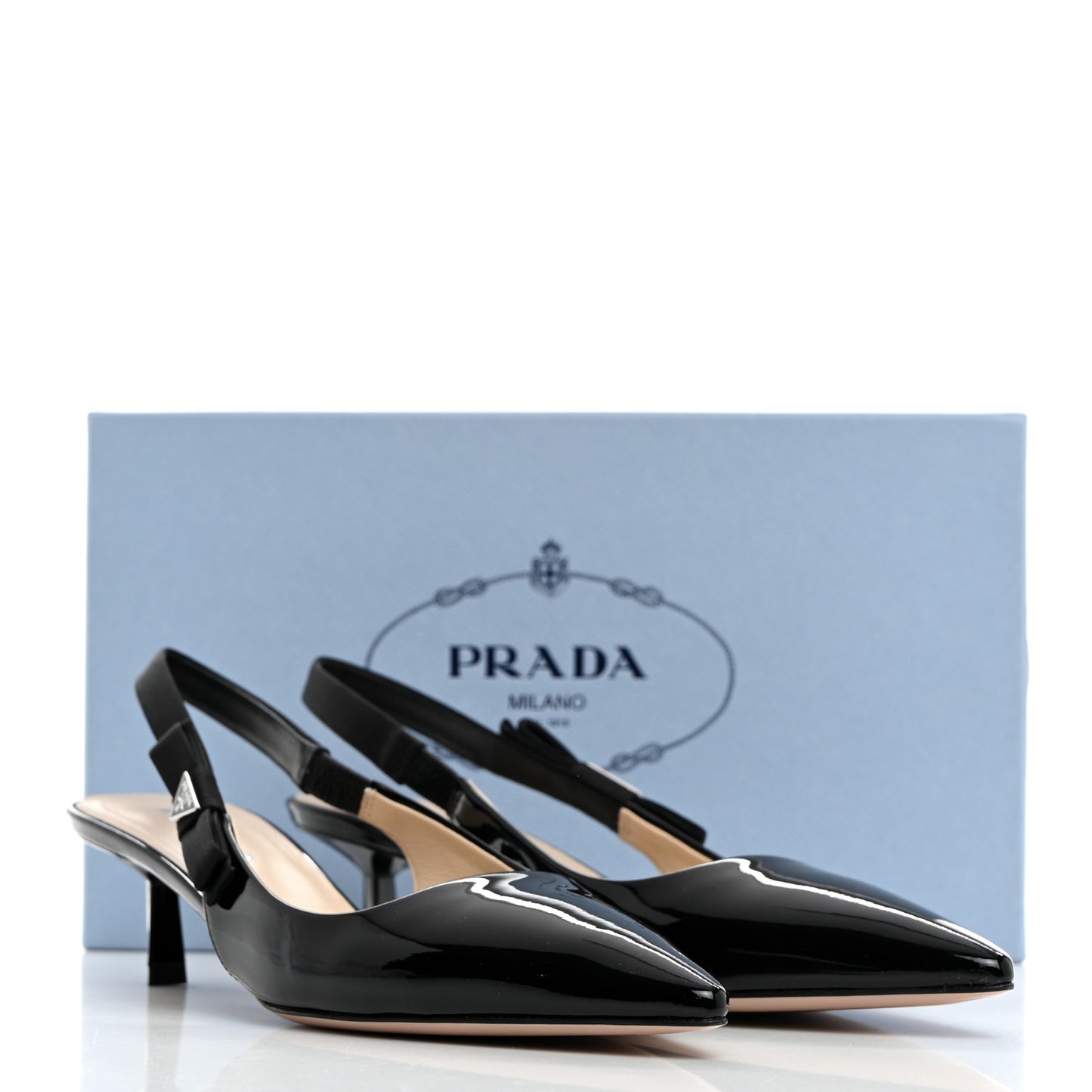 Vernice Metal Triangle Logo Pointed Toe 55mm Slingback Pumps 39 Black