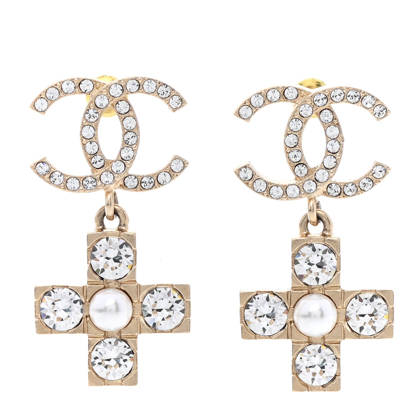 Crystal Pearl CC Cross Drop Earrings Gold