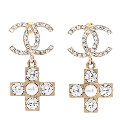Chanel Crystal Pearl CC Cross Drop Earrings Gold 1 of 5