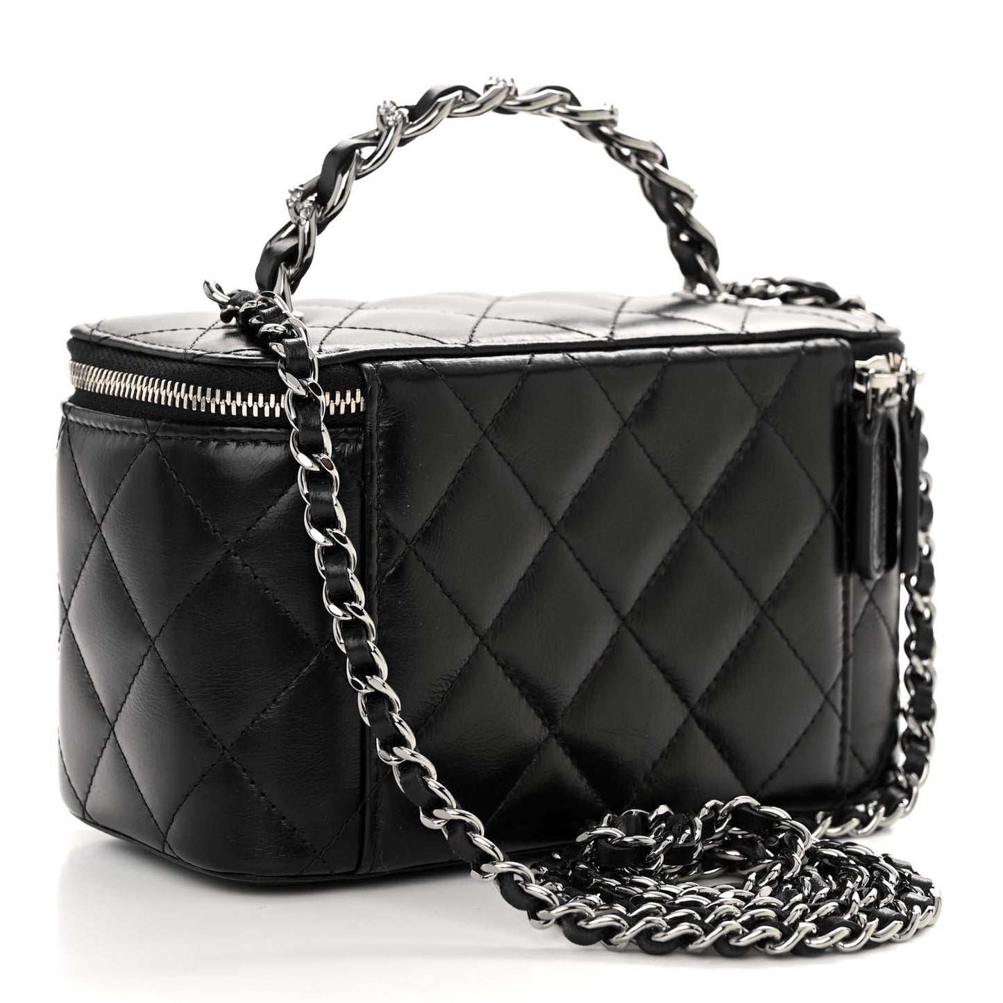 Shiny Crumpled Calfskin Crystal Quilted Precious Handle Vanity Case With Chain Black