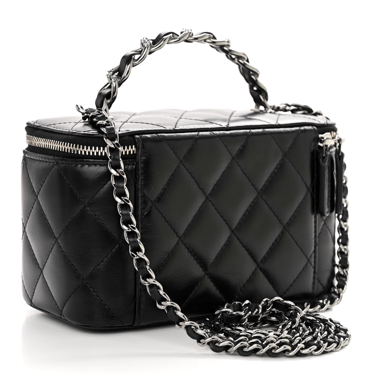 Chanel Shiny Crumpled Calfskin Crystal Quilted Precious Handle Vanity Case With Chain Black 3 of 11
