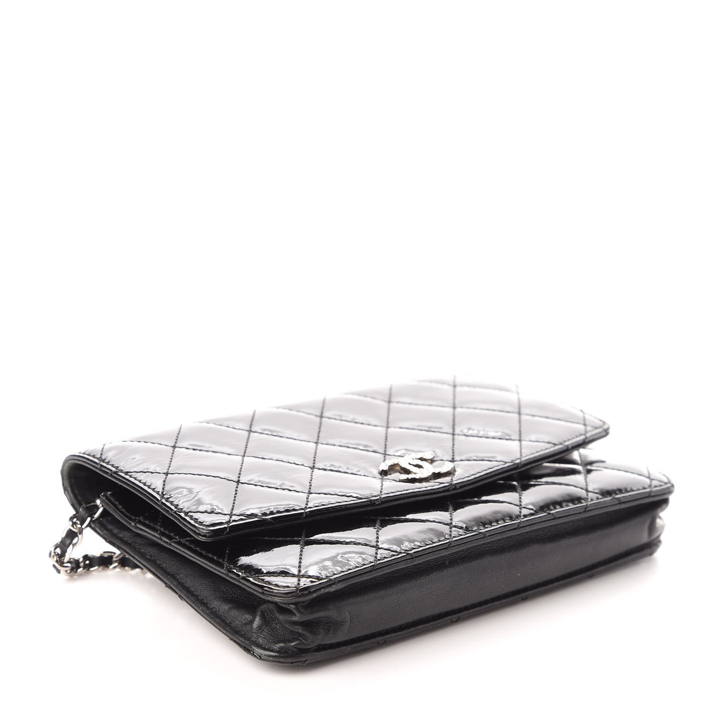 Patent Quilted Brilliant Wallet On Chain WOC Black