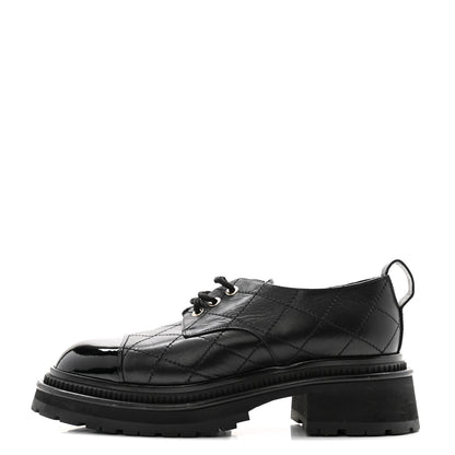 Chanel Calfskin Patent Stitched Cap Toe Lace Up Oxfords 37 Black 1 of 11
