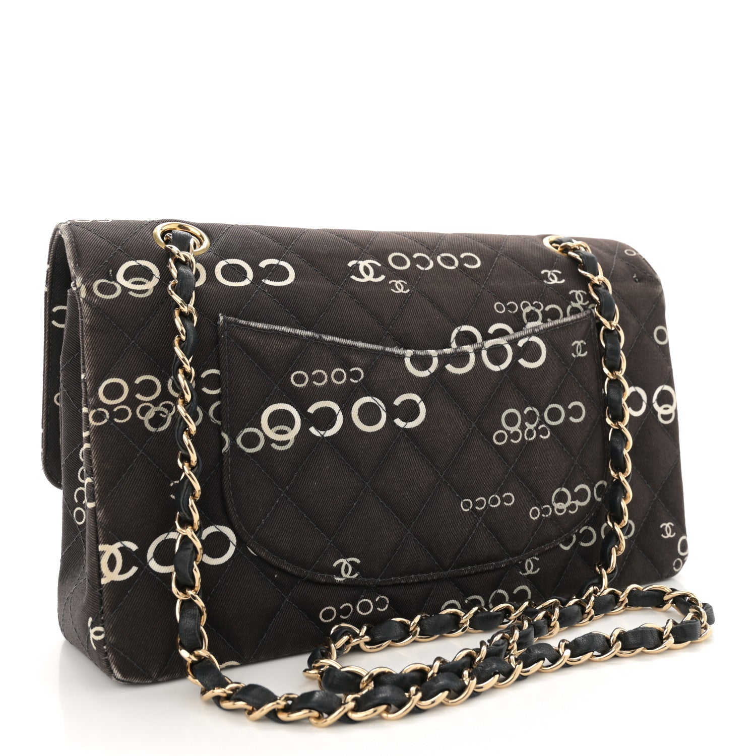 Chanel Canvas Coco Printed Quilted Medium Double Flap Black White 3 of 14