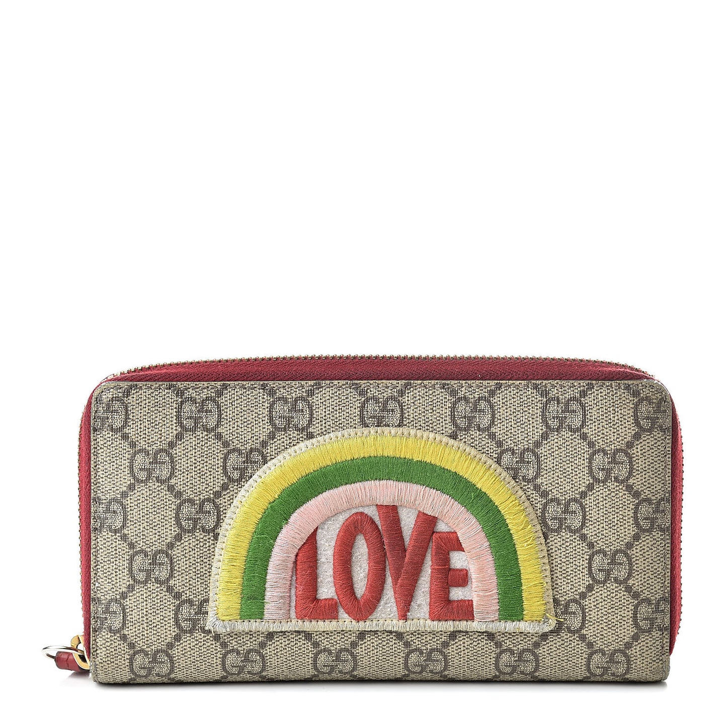 GG Supreme Monogram Embroidered Rainbow Zip Around Wallet Red