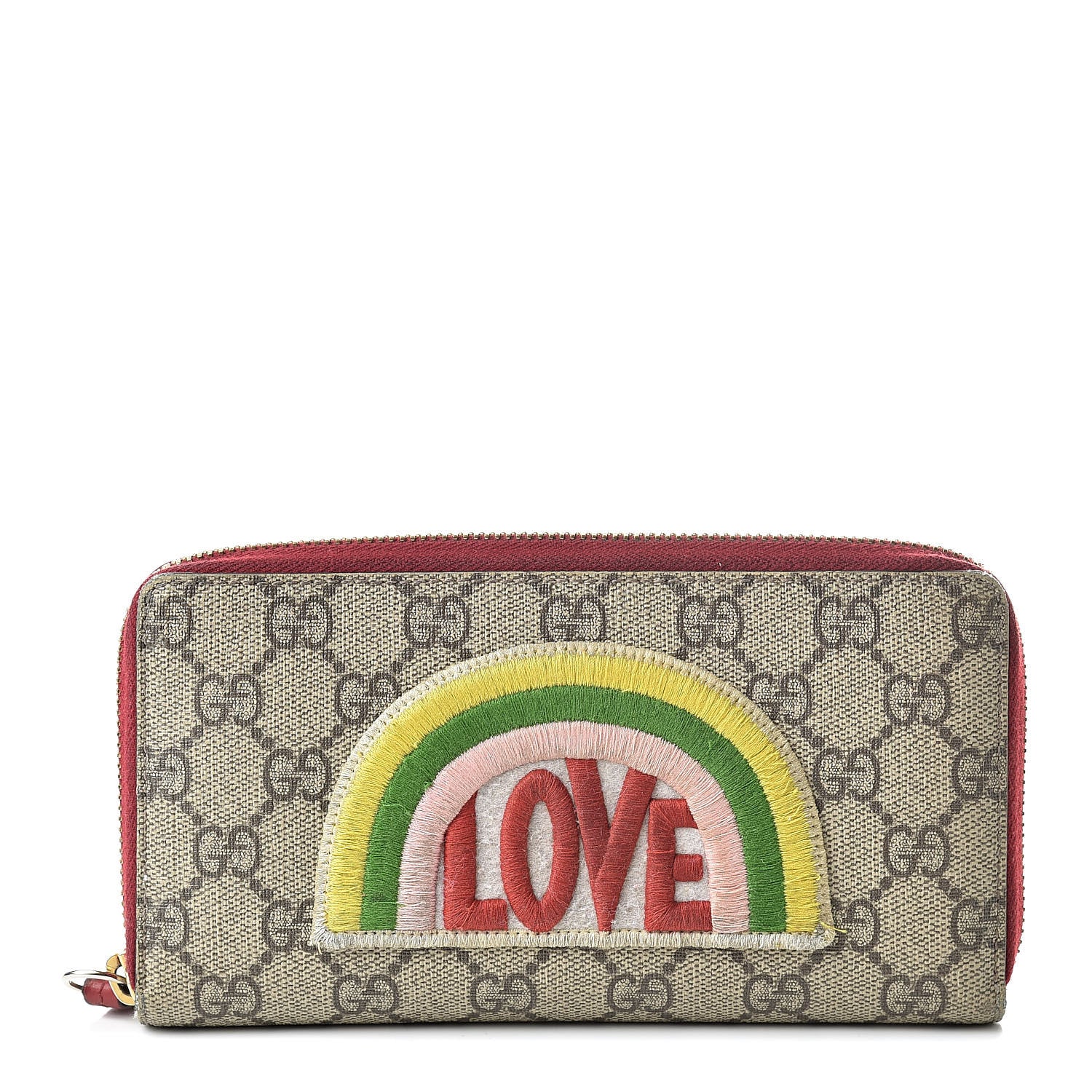 Gucci GG Supreme Monogram Embroidered Rainbow Zip Around Wallet Red 1 of 16