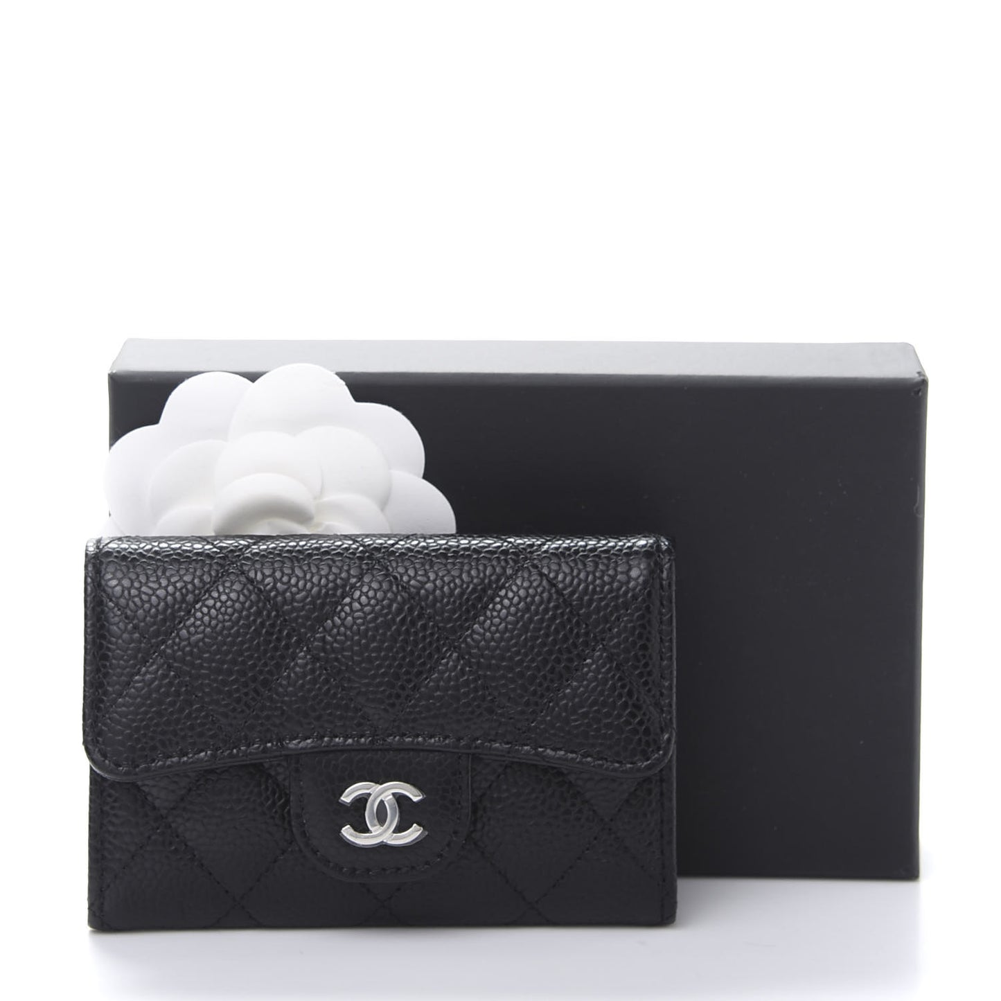 Caviar Quilted Flap Card Holder Wallet Black