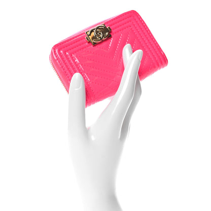Chanel Patent Chevron Quilted Zip Around Boy Coin Purse Wallet Neon Pink 2 of 8