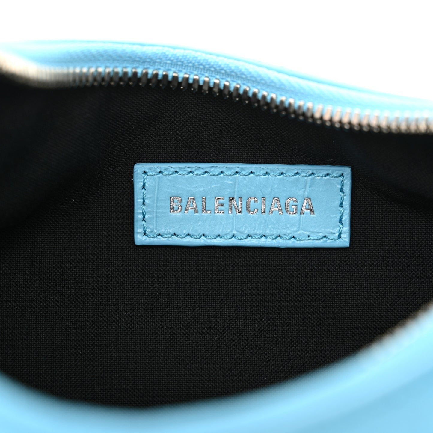 Extra Supple Calfskin Crocodile Embossed Le Cagole Shoulder Bag XS Sky Blue