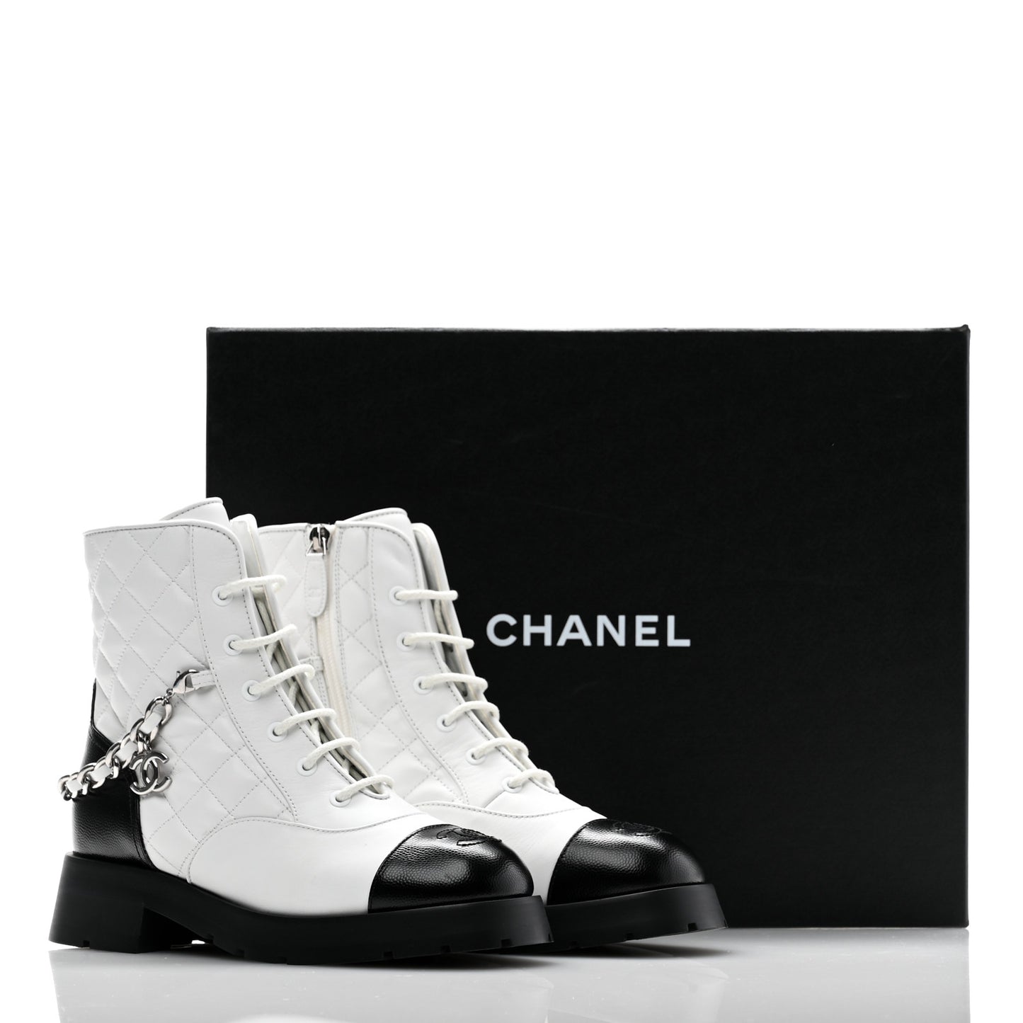 Caviar Calfskin Quilted Chain Lace Up Combat Boots 38 White Black