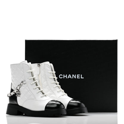 Chanel Caviar Calfskin Quilted Chain Lace Up Combat Boots 38 White Black 10 of 10