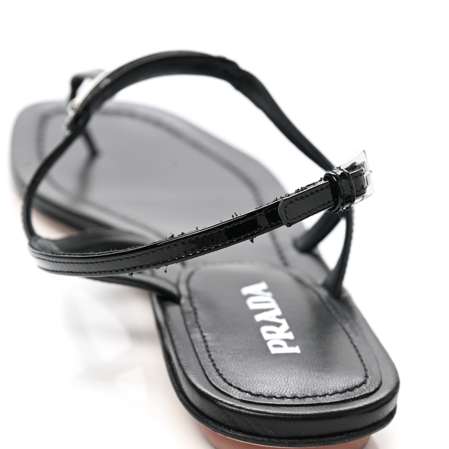 Prada Vernice Metal Triangle Logo Slingback Flat Thong Sandals 38.5 Black 9 of 10