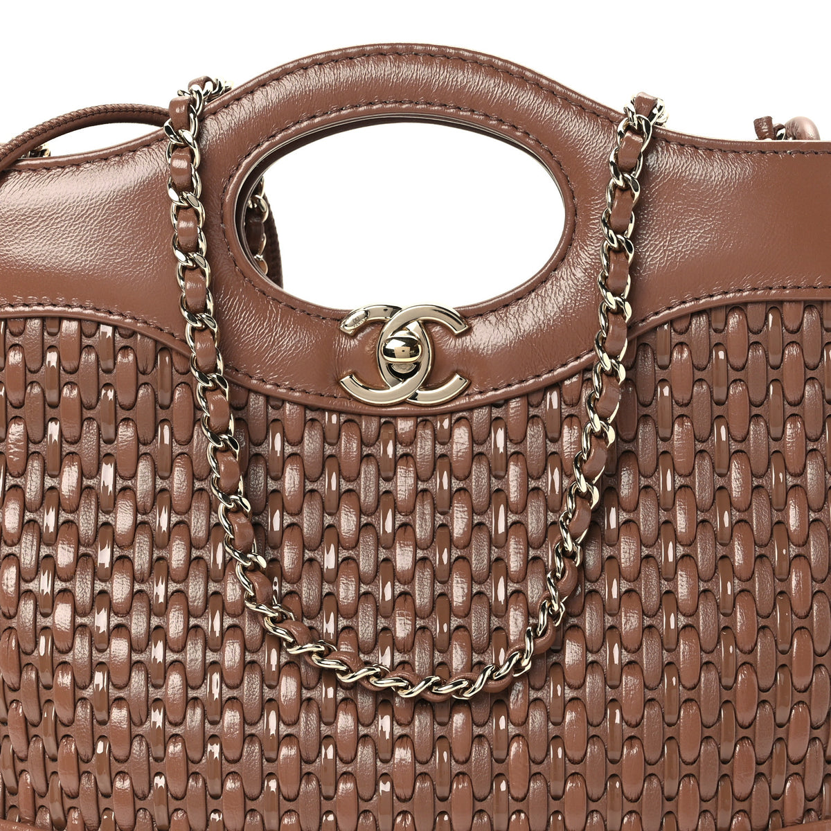 Shiny Lambskin Patent Calfskin Quilted Mini 31 Shopping Bag Brown