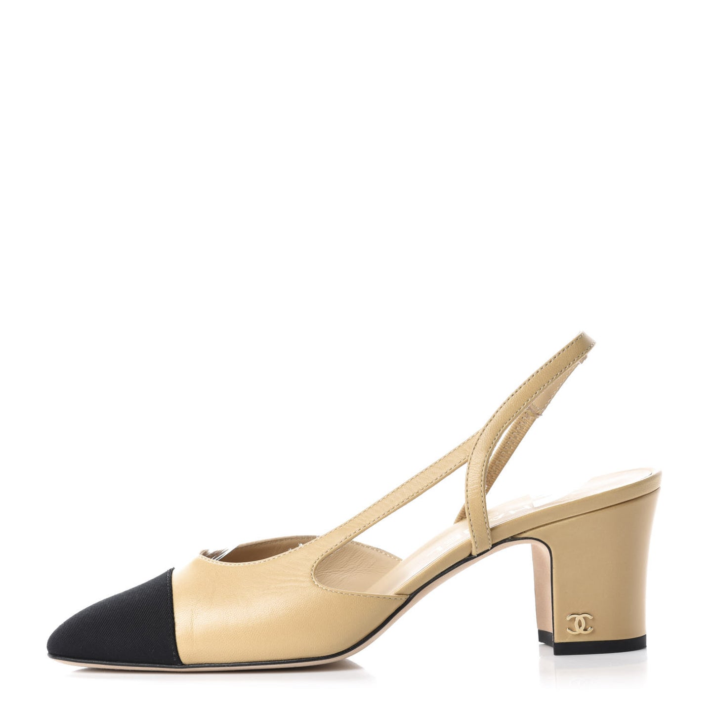 Goatskin Grosgrain Cap Toe CC Slingback Sandals 38.5 Beige Black