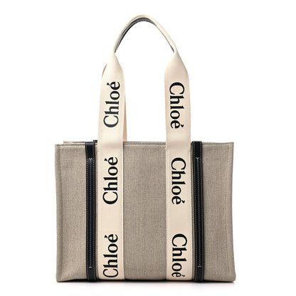 Chloe Cotton Calfskin Medium Woody Ribbon Tote White Black 1 of 8