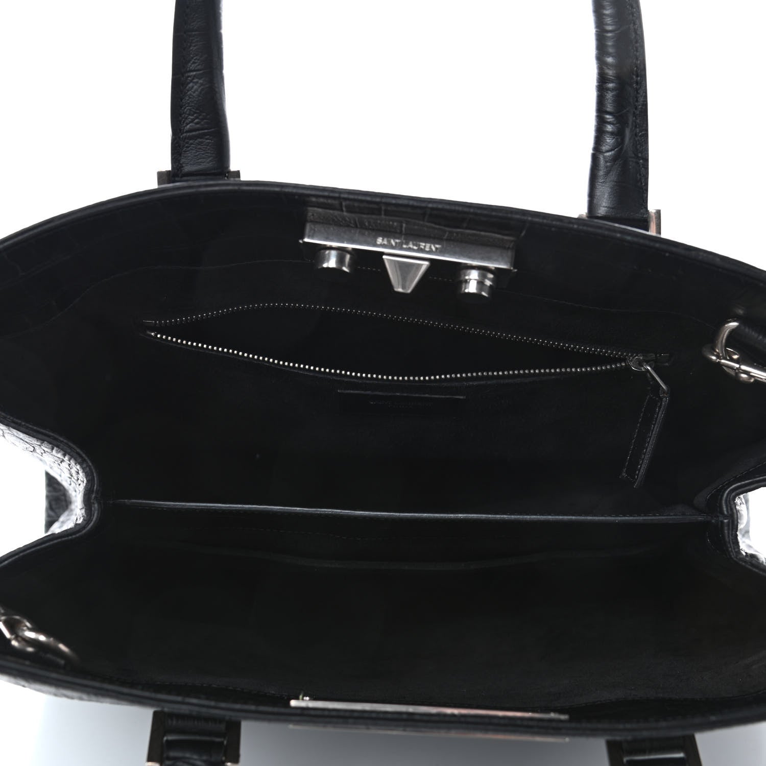 Saint Laurent Calfskin Crocodile Embossed Medium Trois Class Tote Black 4 of 4
