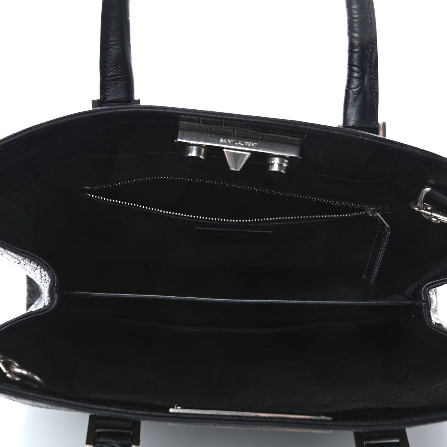 Calfskin Crocodile Embossed Medium Trois Class Tote Black