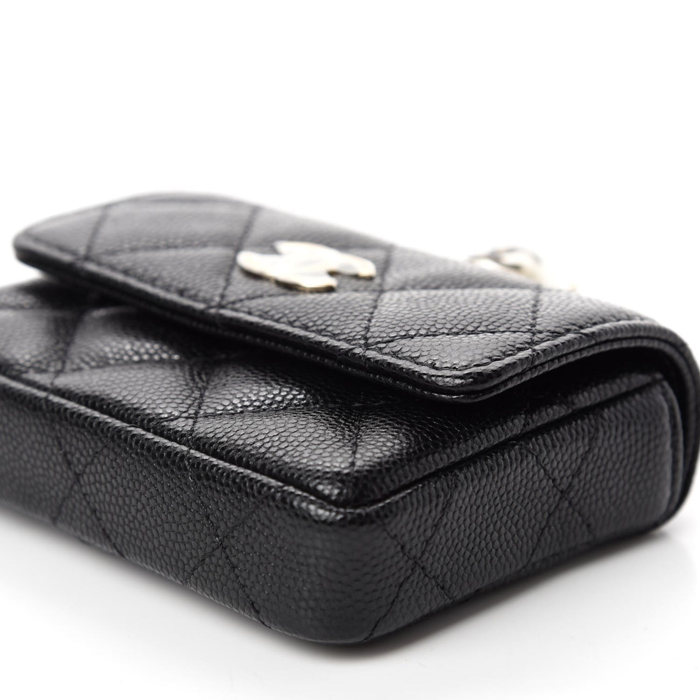 Caviar Quilted Pearl Card Holder On Chain Black