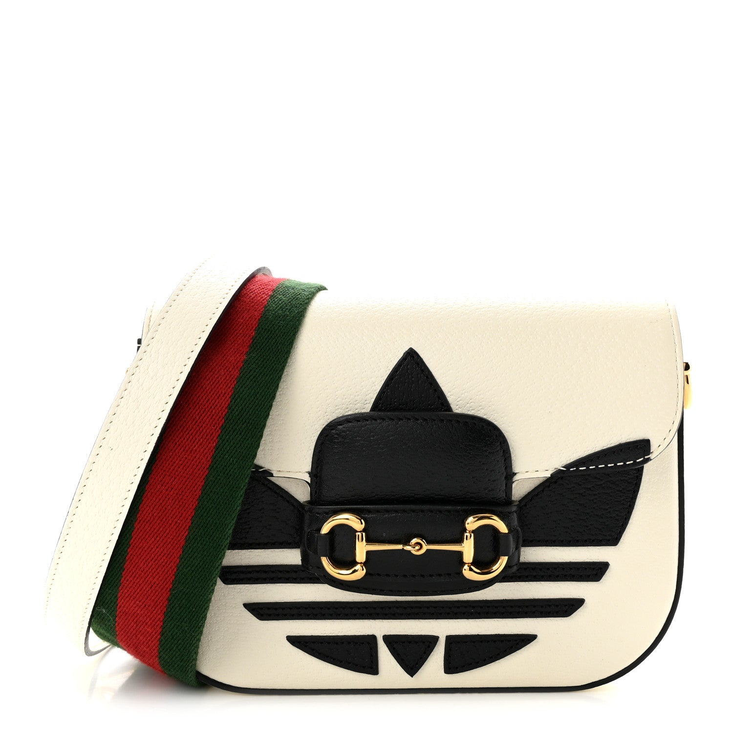 Gucci X ADIDAS Textured Dollar Calfskin Web Trefoil Mini Horsebit 1955 Shoulder Bag Off White Black Off White Black 1 of 11