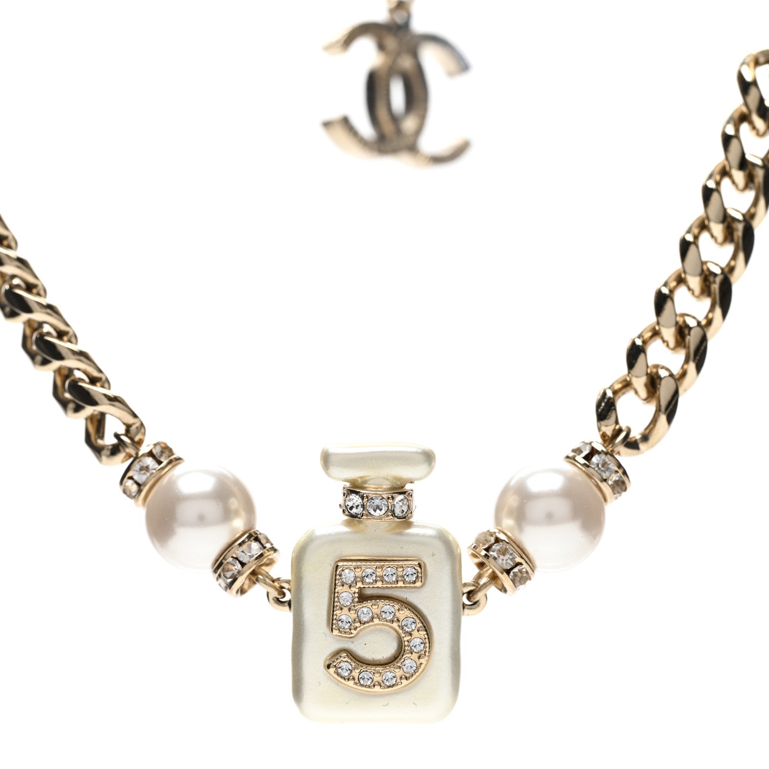 Chanel Resin Crystal Pearl CC No 5 Perfume Bottle Necklace 1 of 7