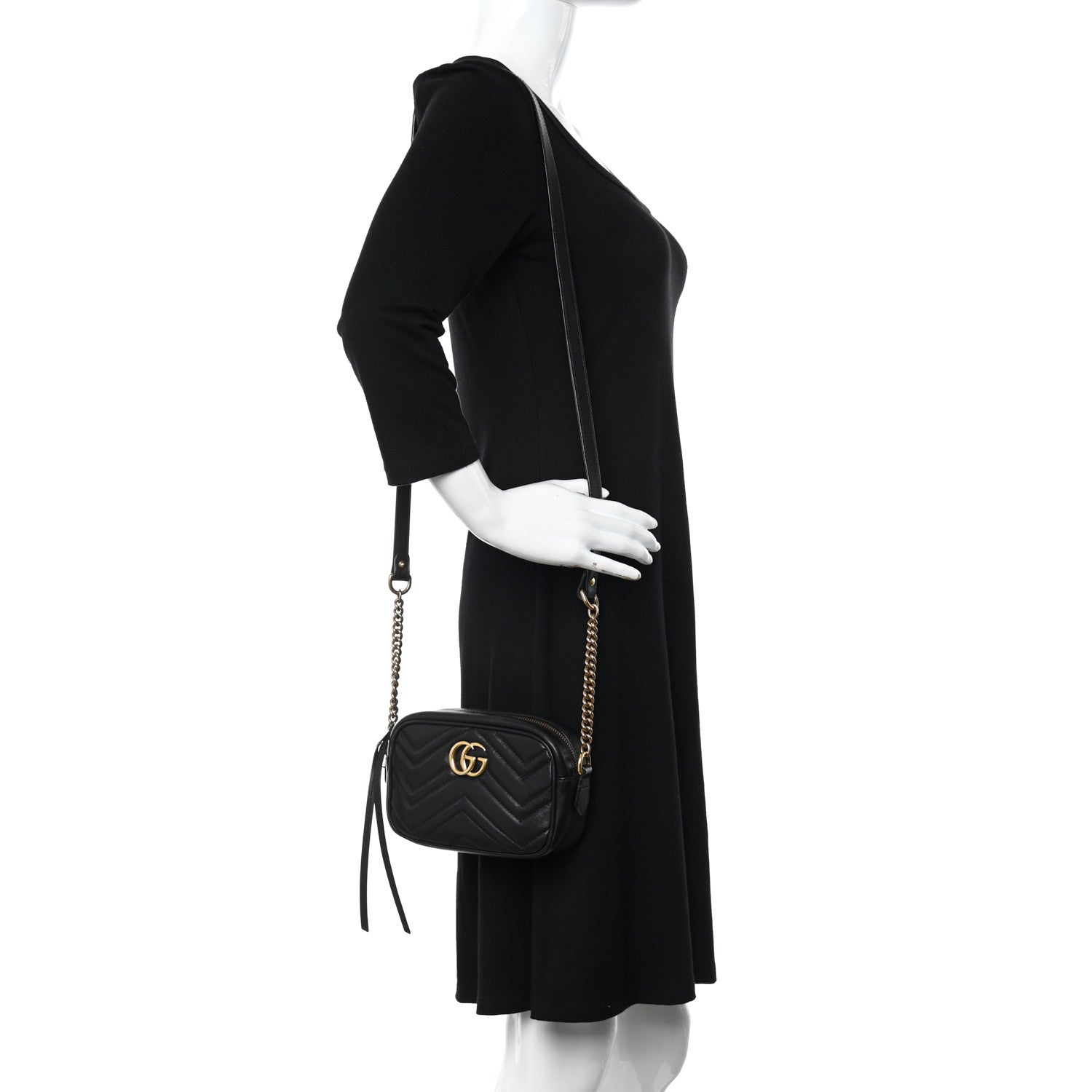 Gucci Calfskin Matelasse Mini GG Marmont Chain Shoulder Bag Black 2 of 13