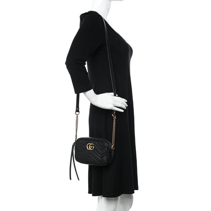Gucci Calfskin Matelasse Mini GG Marmont Chain Shoulder Bag Black 2 of 13