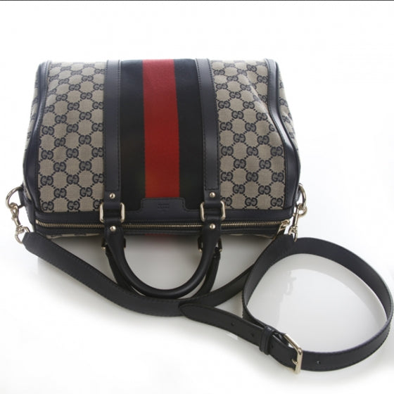 Gucci Monogram Selleria Calfskin Vintage Web Medium Boston Beige Blue 4 of 14
